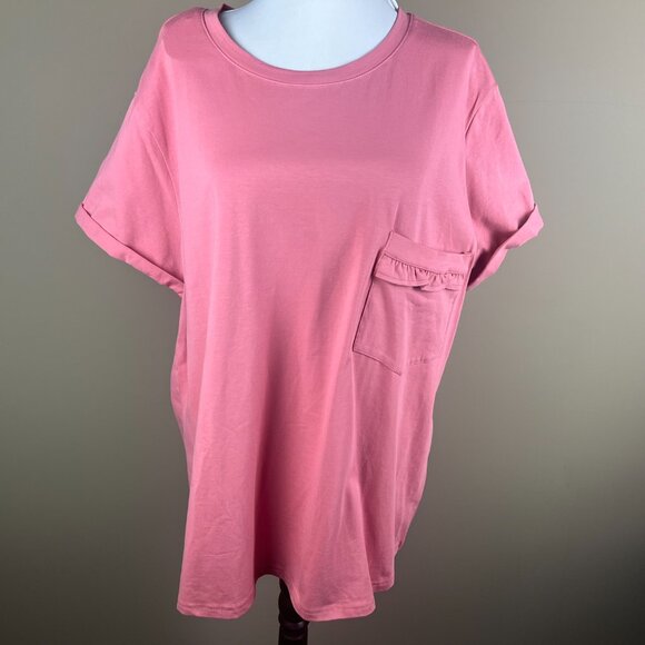 Elizabeth Kelly NWT Crew Neck Tee Top Plus Size 2XL Salmon Pink, Ruffled Pocket - Picture 2 of 10